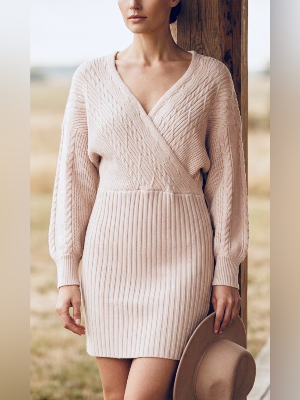 Boston Proper cream sweater dress 8 knit patterns deep V-neck NWOT size M.